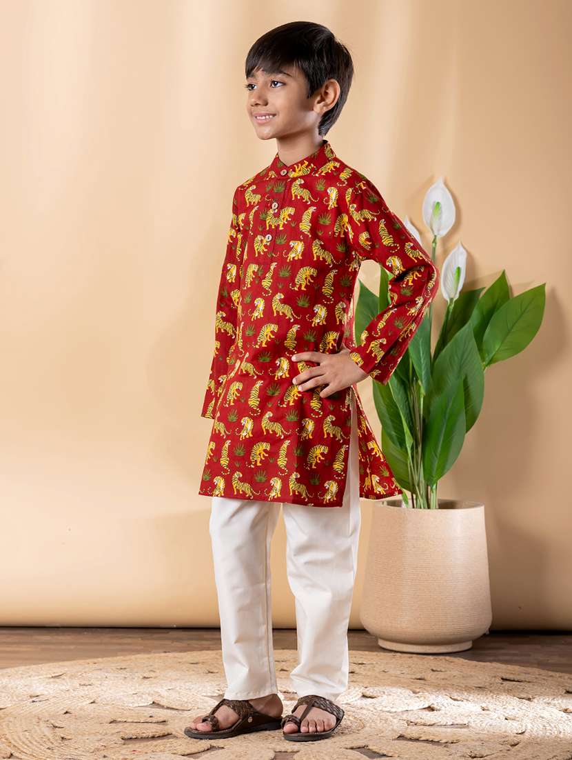 boys printed long sleeve kurta & pyjama set  - 22074238 -  Standard Image - 2