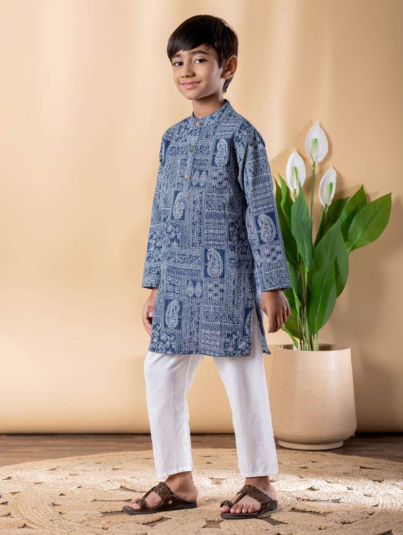 boys printed long sleeve kurta & pyjama set  - 22074246 -  Standard Image - 2
