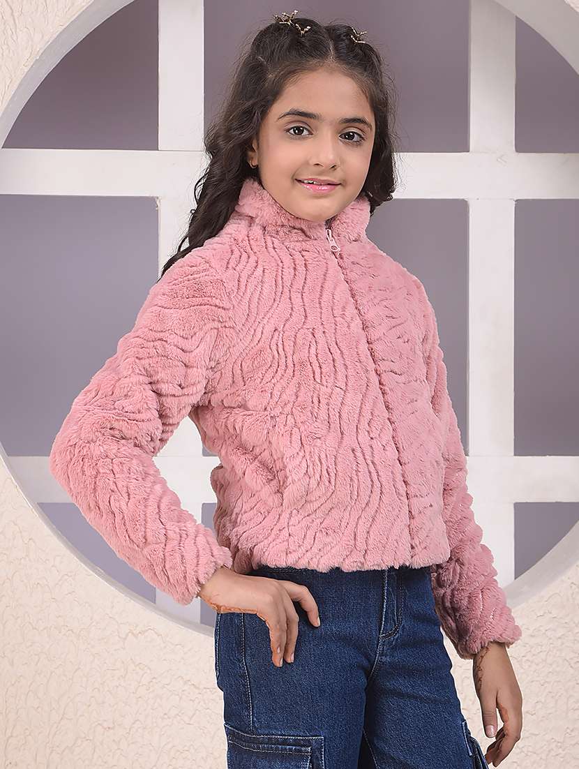 girls solid stand collar long sleeve faux fur jacket - 22074445 -  Standard Image - 2