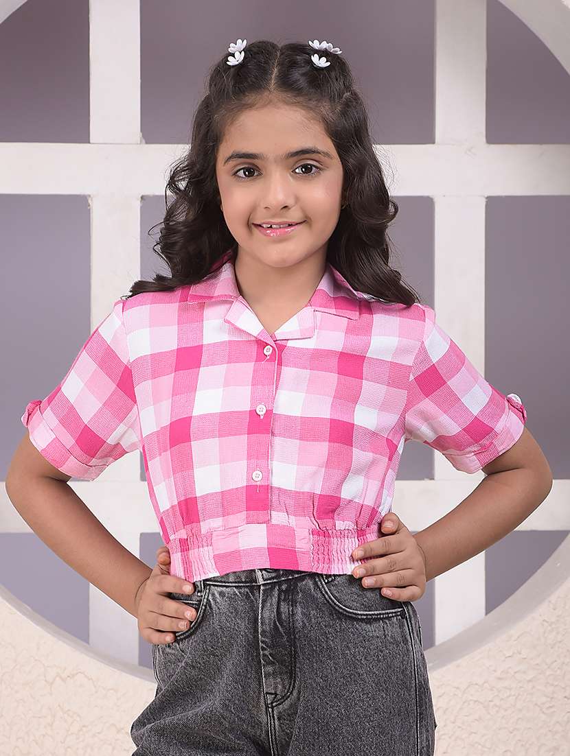 girls checkered collared short sleeve shirts top