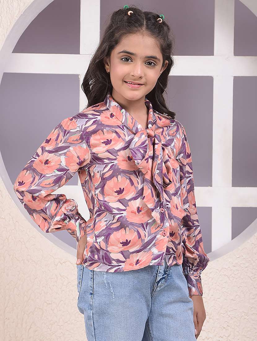 girls printed tie-up neck long sleeve top - 22074516 - Standard Image - 2