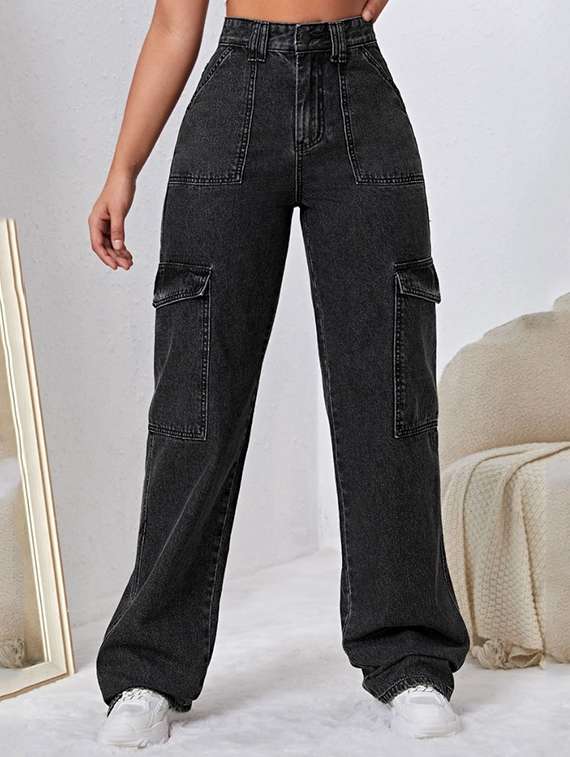 women solid high rise denim cargo - 22074606 -  Standard Image - 2