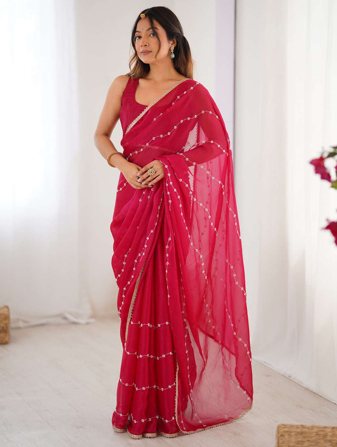 women solid with work embroidered saree with blouse