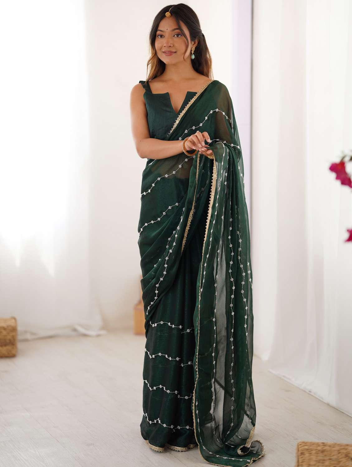 women solid with work embroidered saree with blouse - 22074613 -  Zoom Image - 0