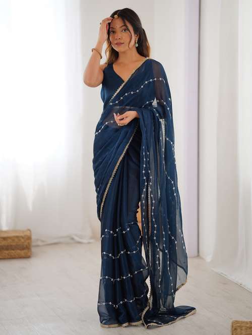 women solid with work embroidered saree with blouse - 22074614 -  Standard Image - 0