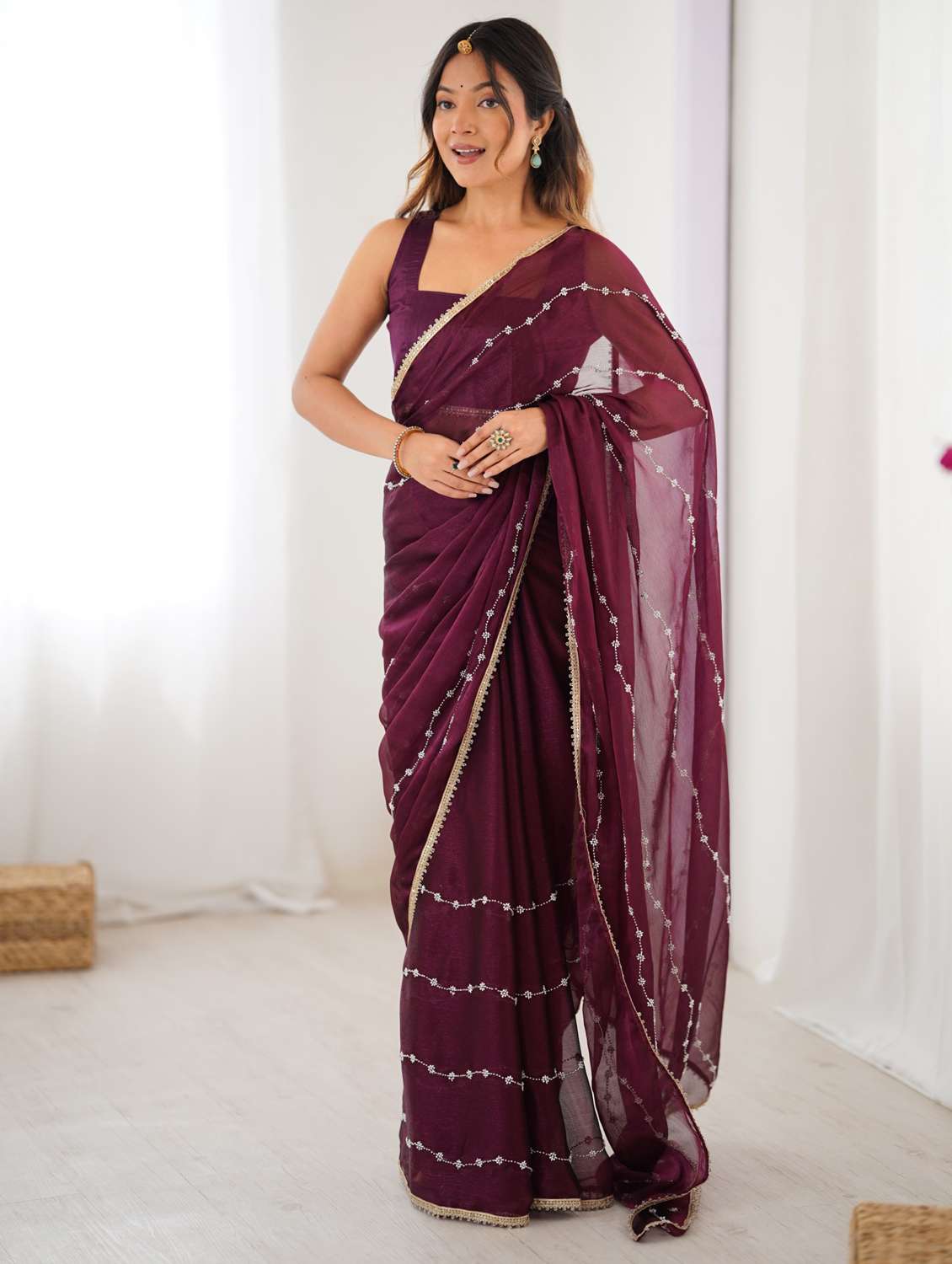 women solid with work embroidered saree with blouse
