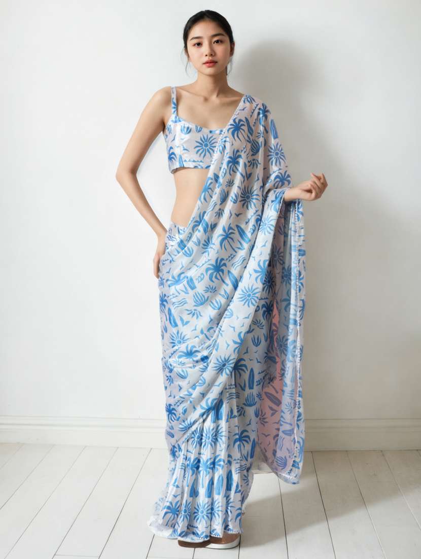 women printed ready to wear saree with blouse