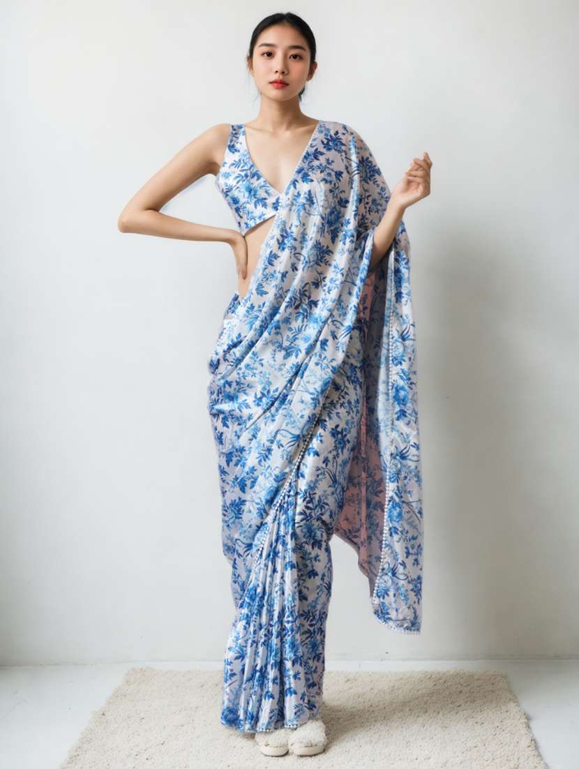 women printed ready to wear saree with blouse