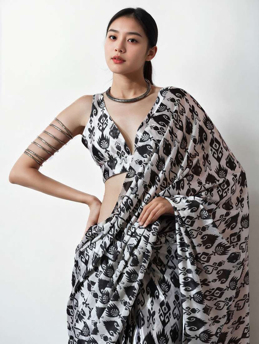 women ikat printed ready to wear saree with blouse - 22074677 - Standard Image - 2