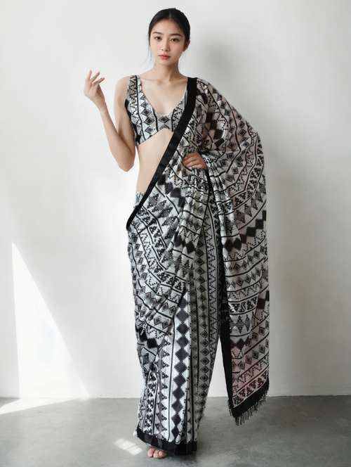 women geometric printed ready to wear saree with blouse - 22074682 - Standard Image - 0