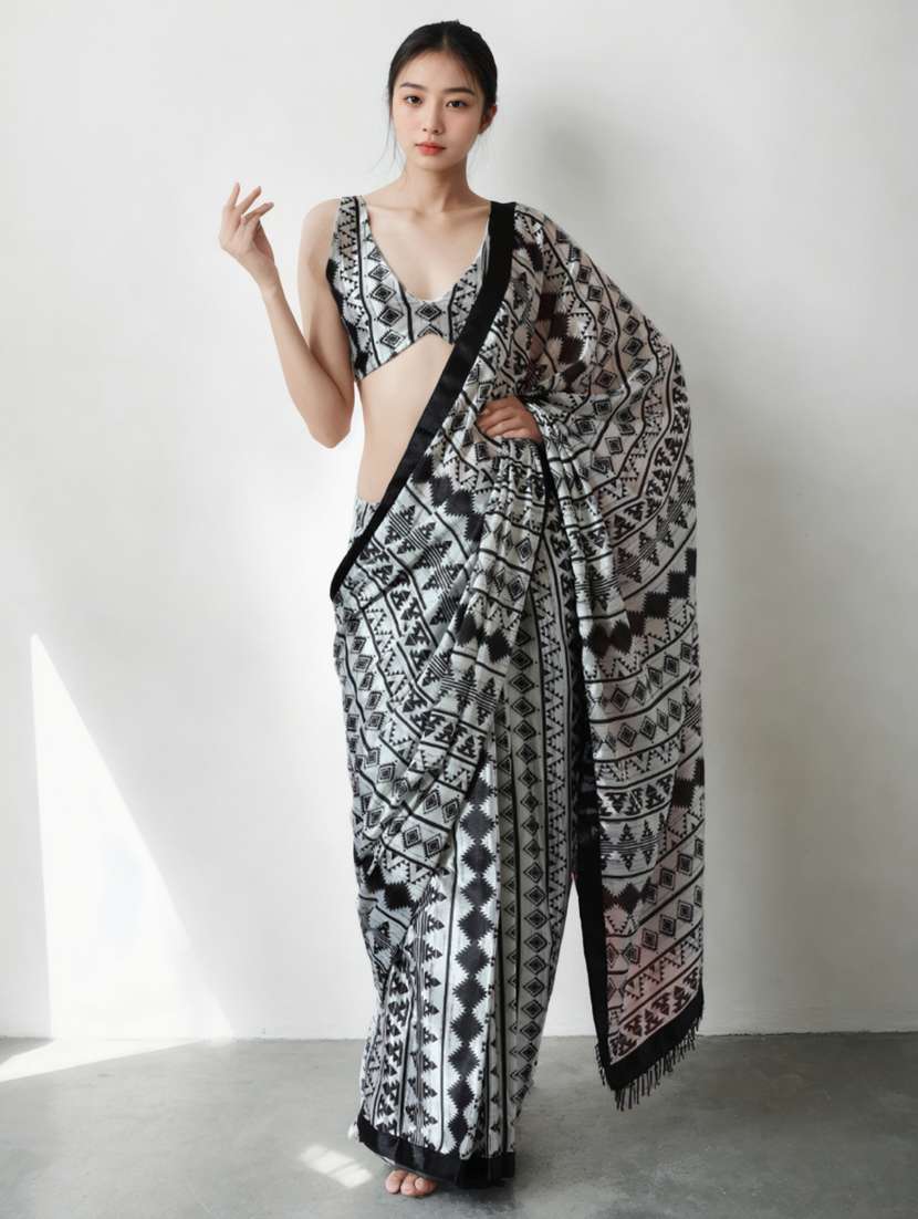 women geometric printed ready to wear saree with blouse - 22074682 - Zoom Image - 0