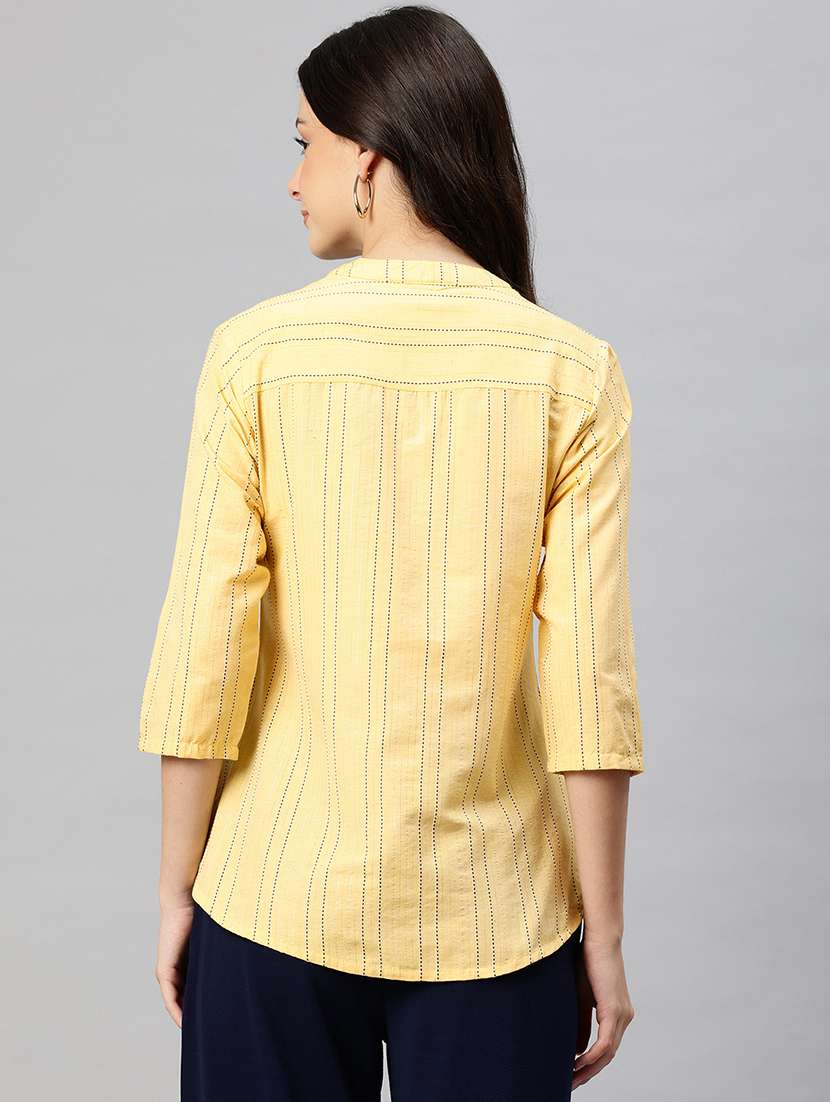 yellow striped mandarin notch neck regular top - 22074686 - Standard Image - 2