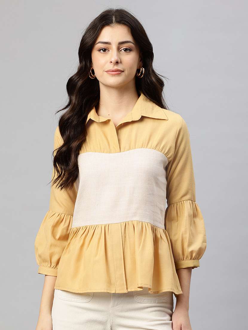 women color blocked puff sleeve peplum top
