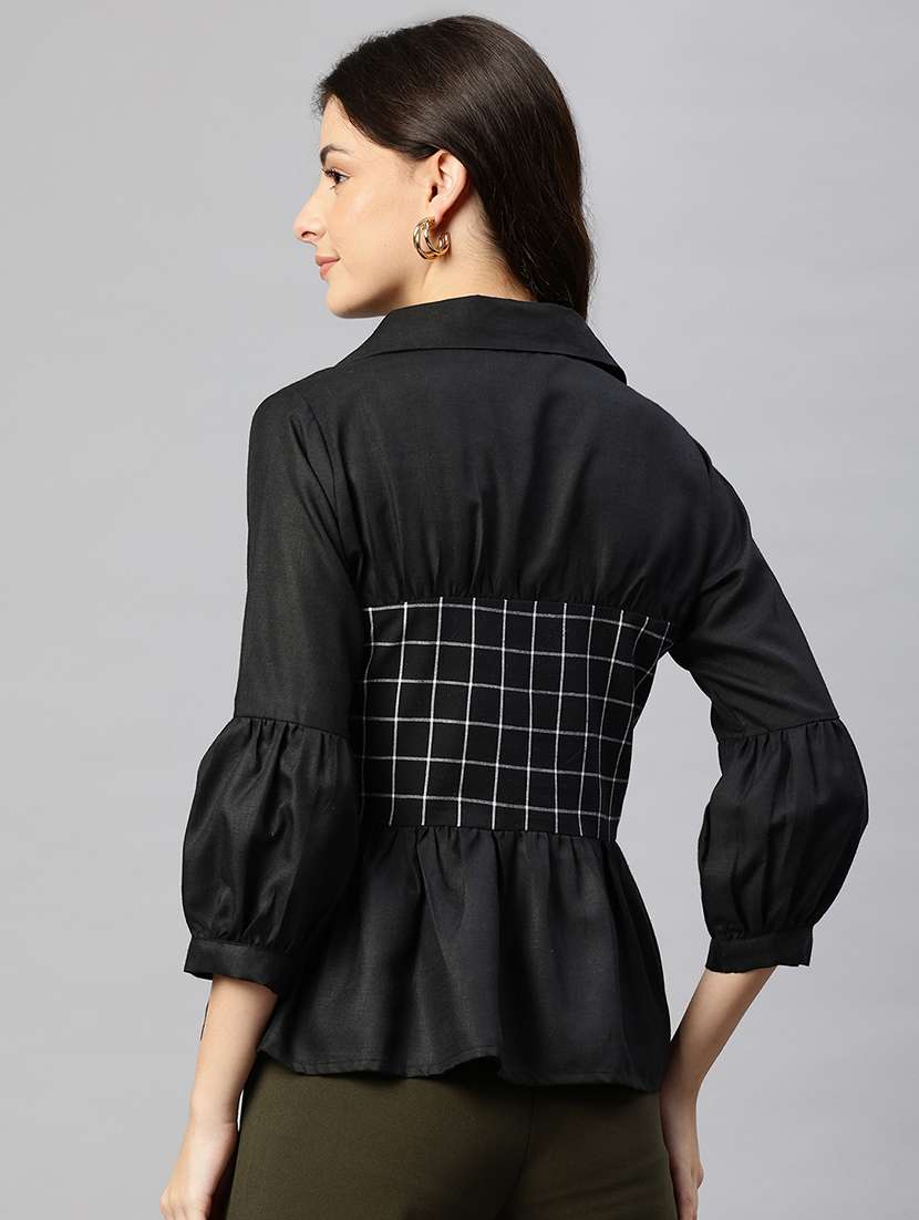 women checkered puff sleeve peplum top - 22074693 - Standard Image - 2