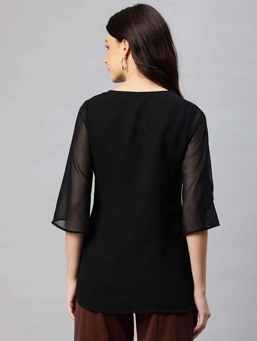 women solid round neck bell sleeve regular top - 22074695 - Standard Image - 2