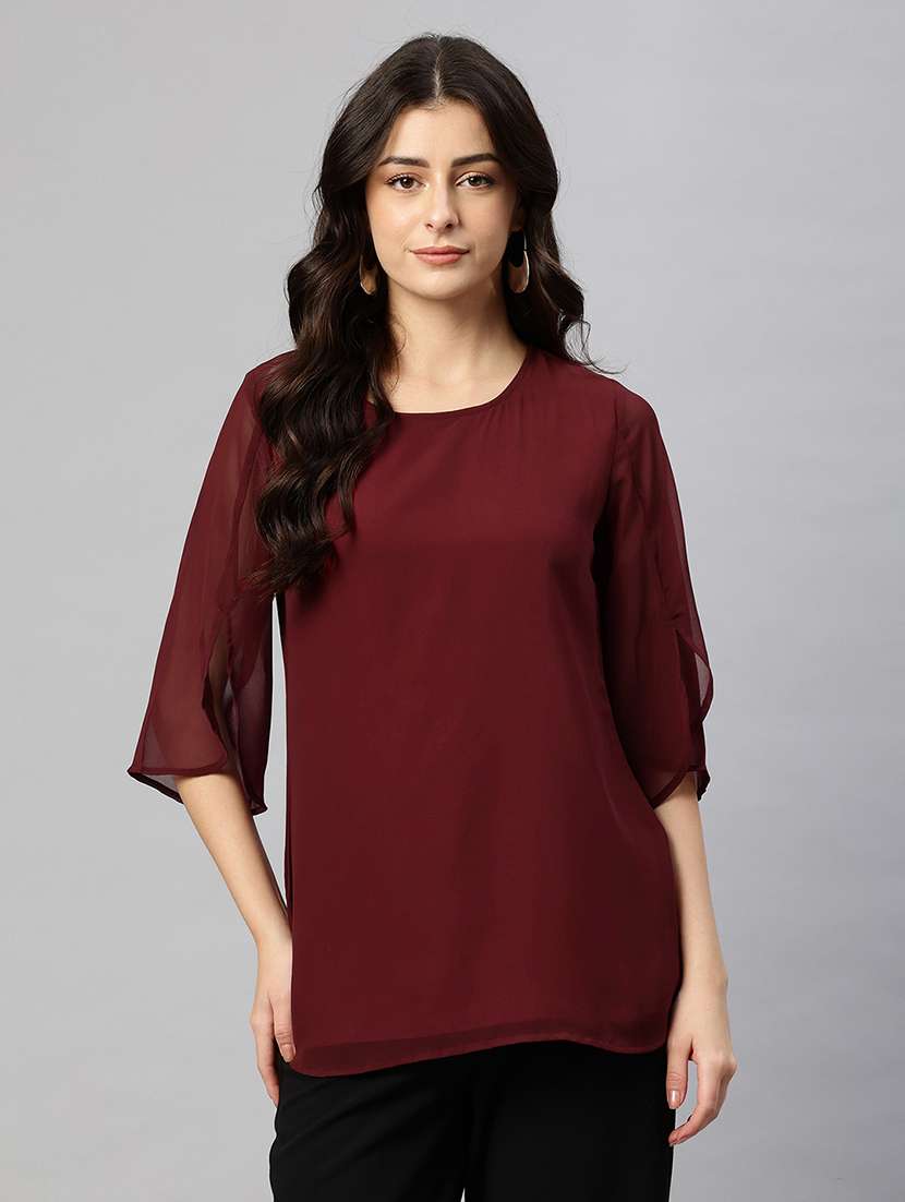 women solid round neck bell sleeve regular top