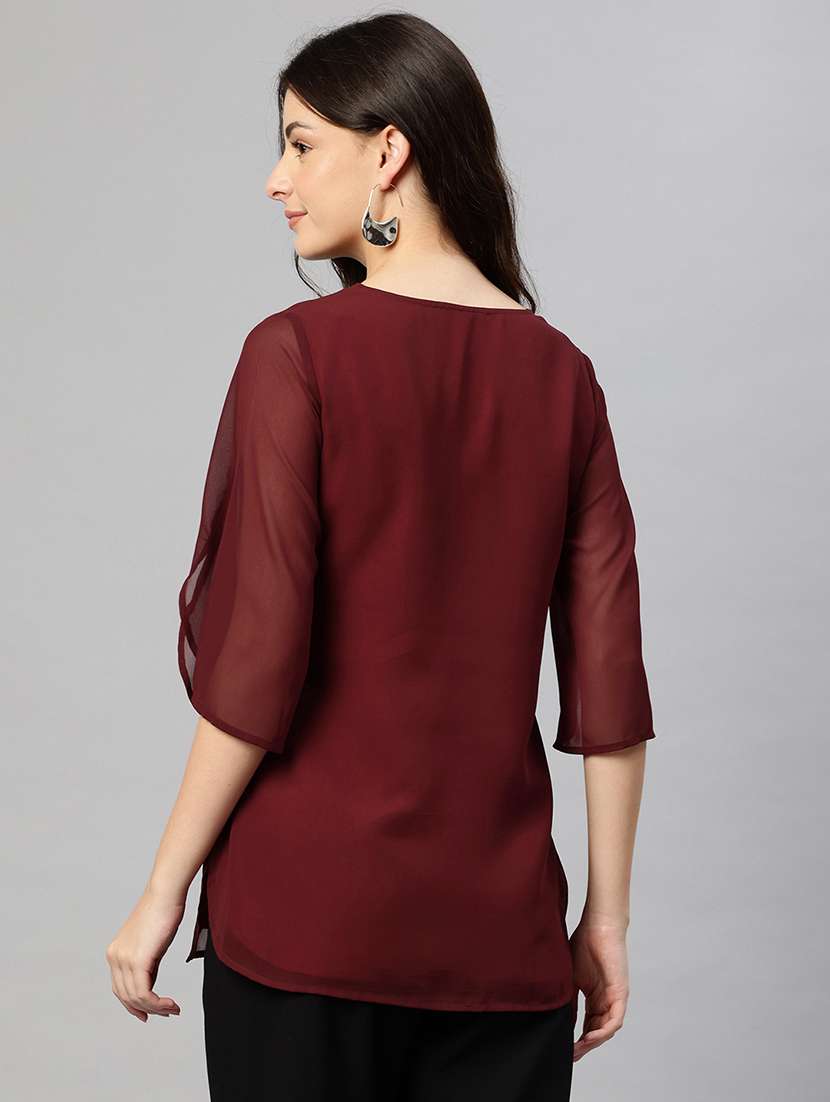 women solid round neck bell sleeve regular top - 22074697 - Standard Image - 2