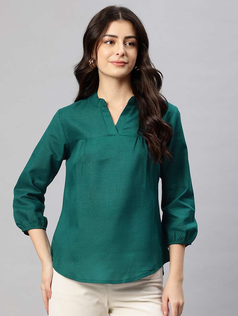 women green notch neck v-neck regular top