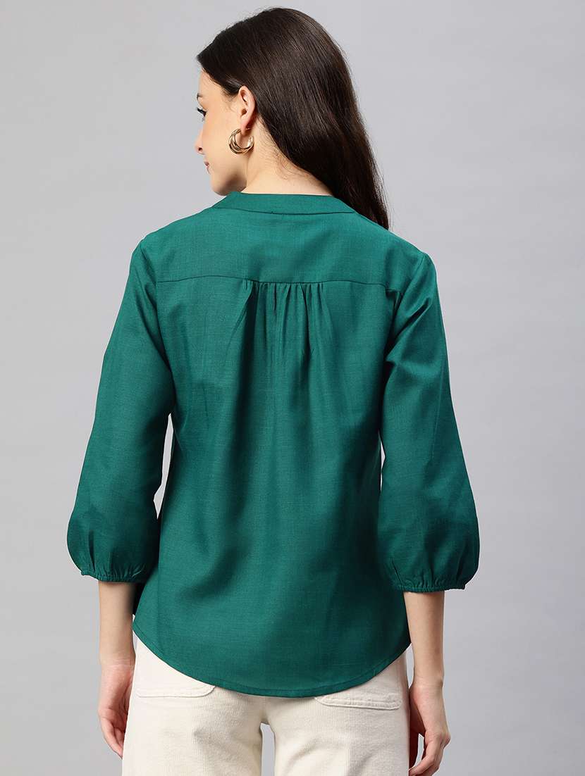 women green notch neck v-neck regular top - 22074701 - Standard Image - 2