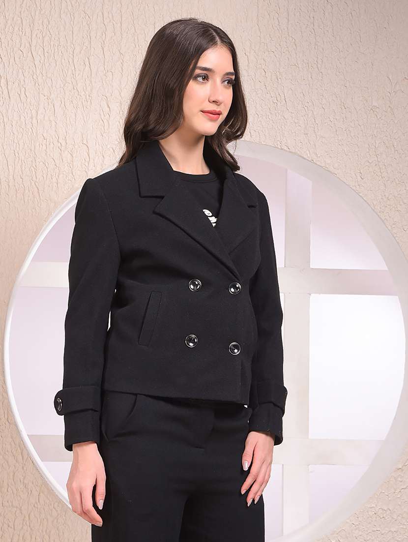 women solid lapel collar double breasted coat - 22075354 -  Standard Image - 2