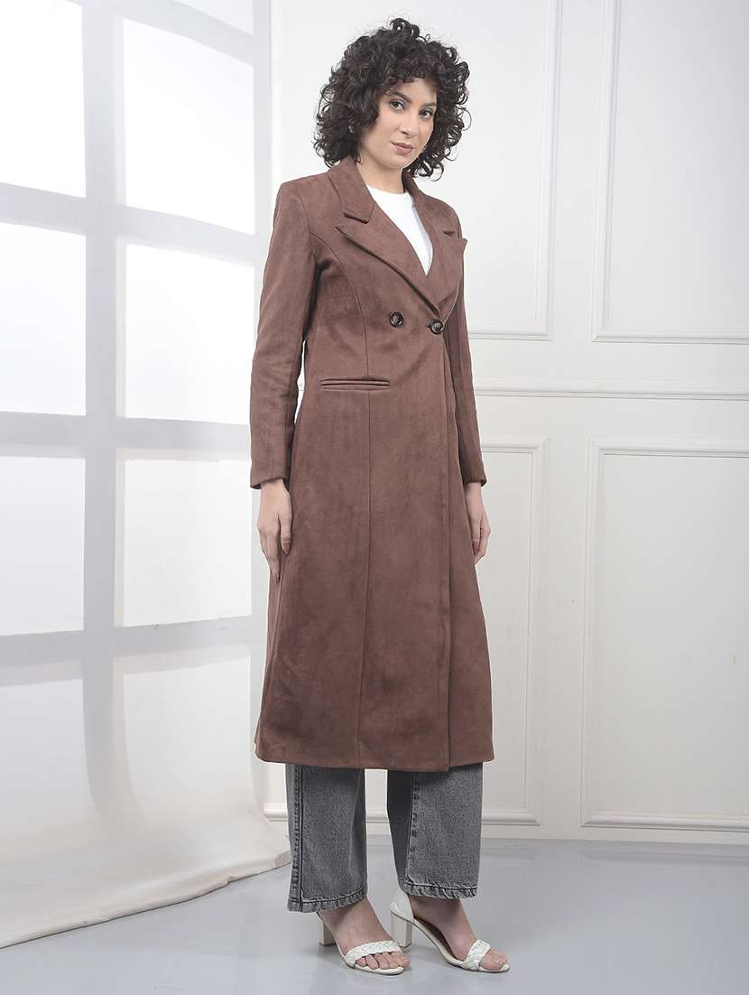 women solid lapel collar long sleeve trench coat - 22075355 -  Standard Image - 2