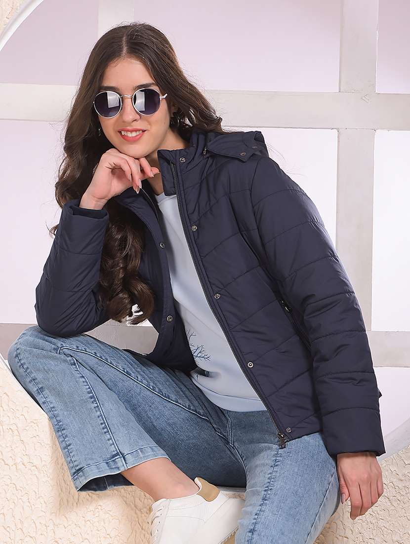 women solid long sleeve hooded quilted jacket