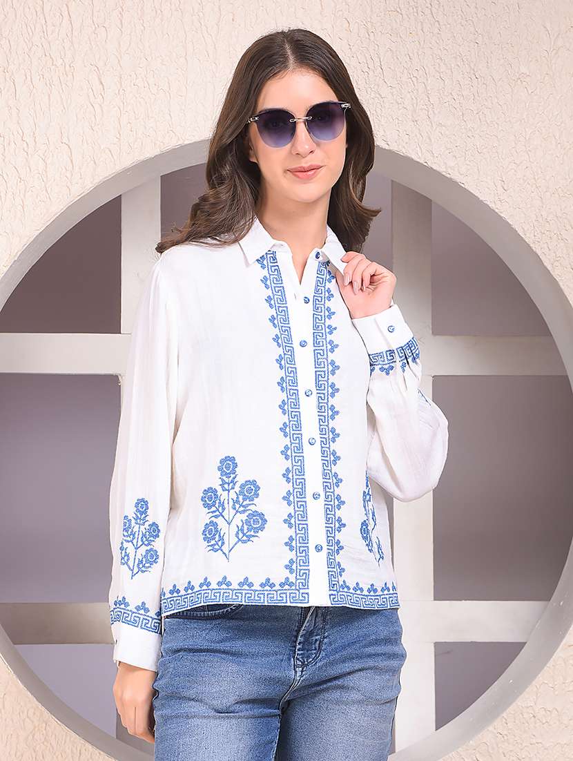 women embroidered collared long sleeve shirt