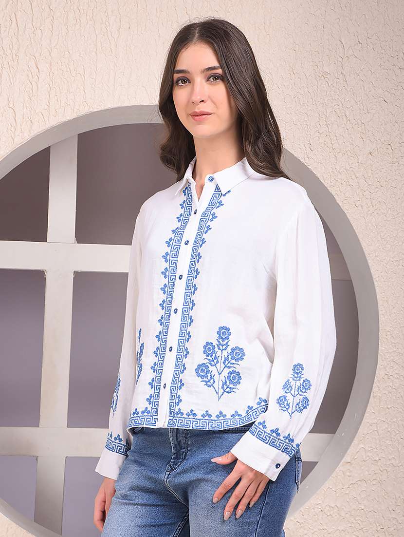 women embroidered collared long sleeve shirt - 22075379 - Standard Image - 2