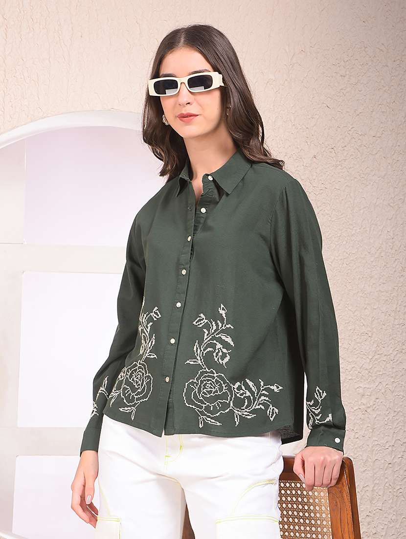 women embroidered long sleeve collared shirt