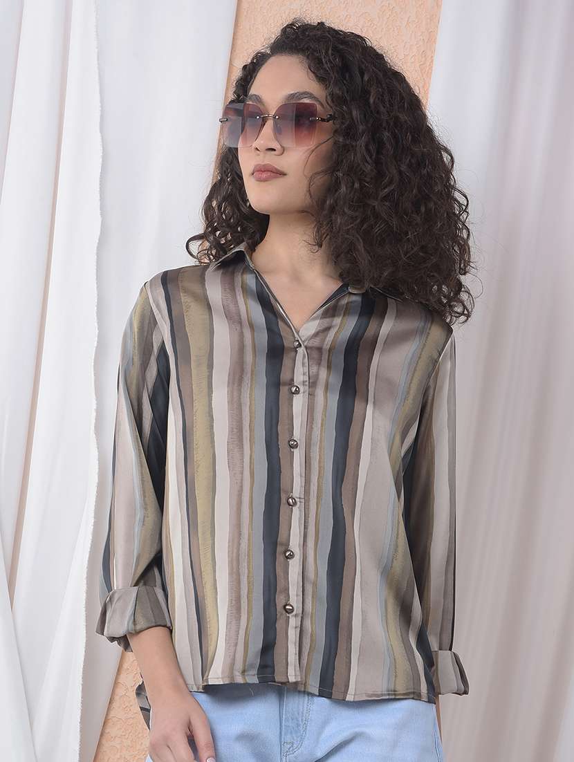 women printed collared long sleeve shirt