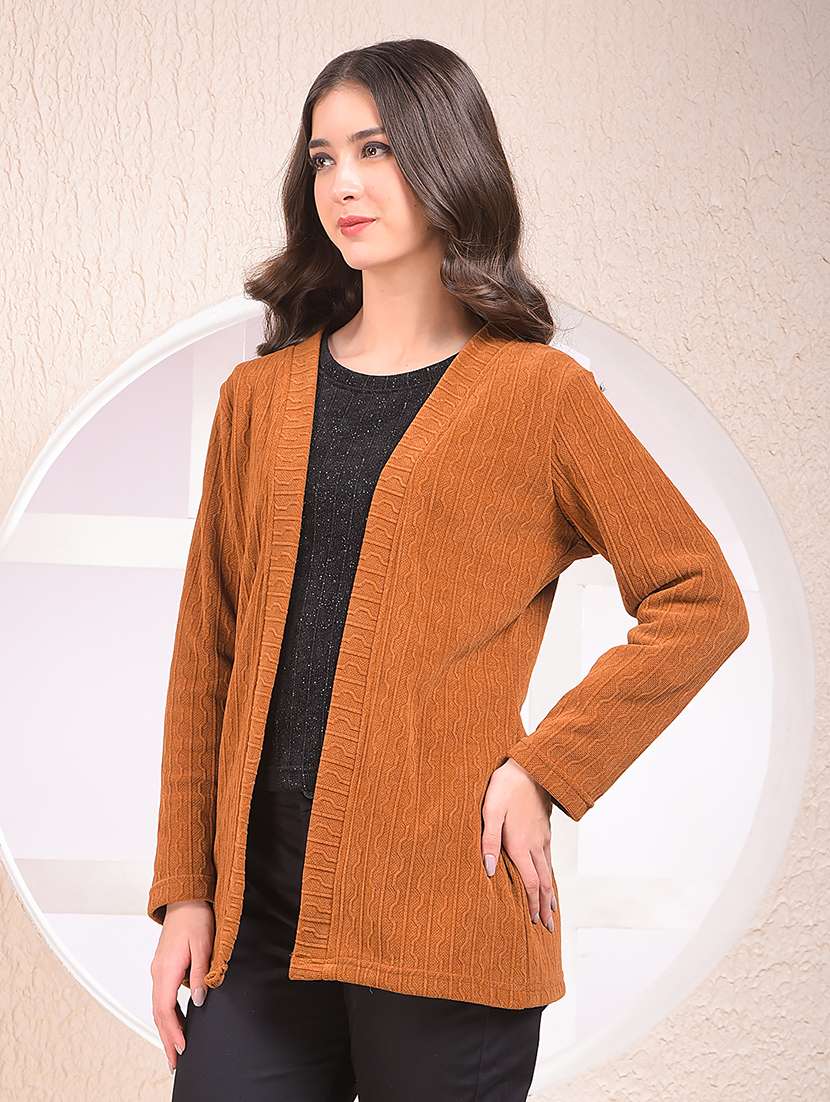 women brown solid long sleeve regular shrug - 22075390 - Standard Image - 2