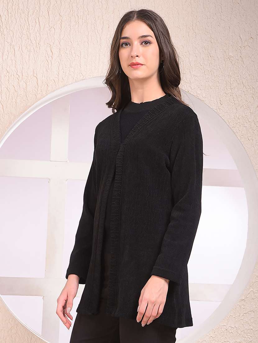 women black solid long sleeve shrug - 22075391 - Standard Image - 2