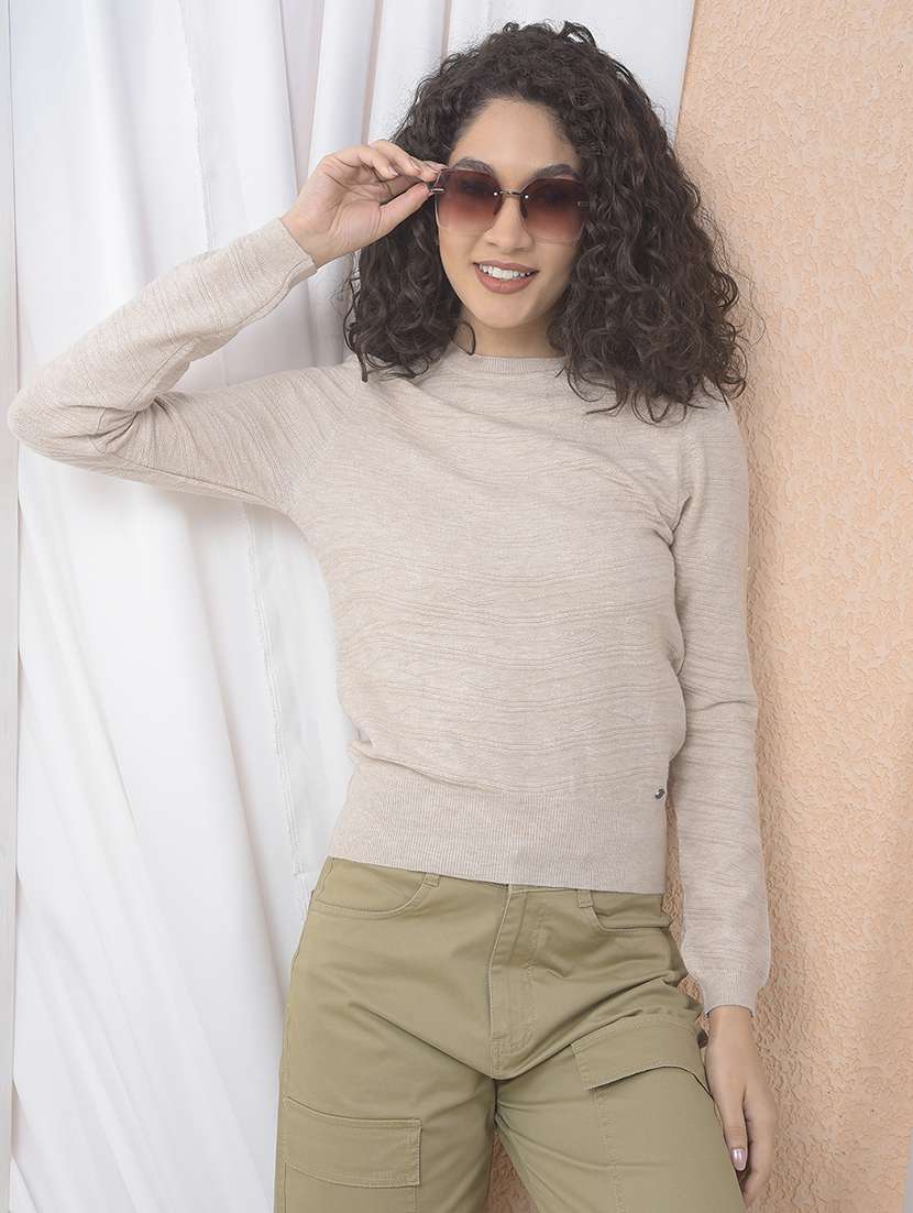 women beige solid long sleeve pullover