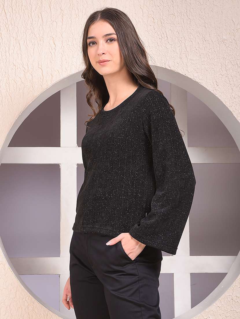 women black self designed long sleeve regular top - 22075434 - Standard Image - 2