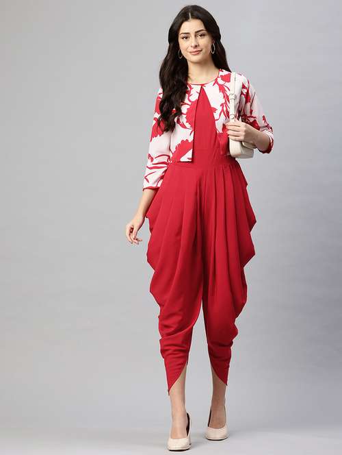 women red dhoti jumpsuit with printed jacket - 22075461 -  Standard Image - 0