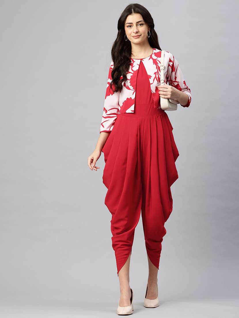 women red dhoti jumpsuit with printed jacket