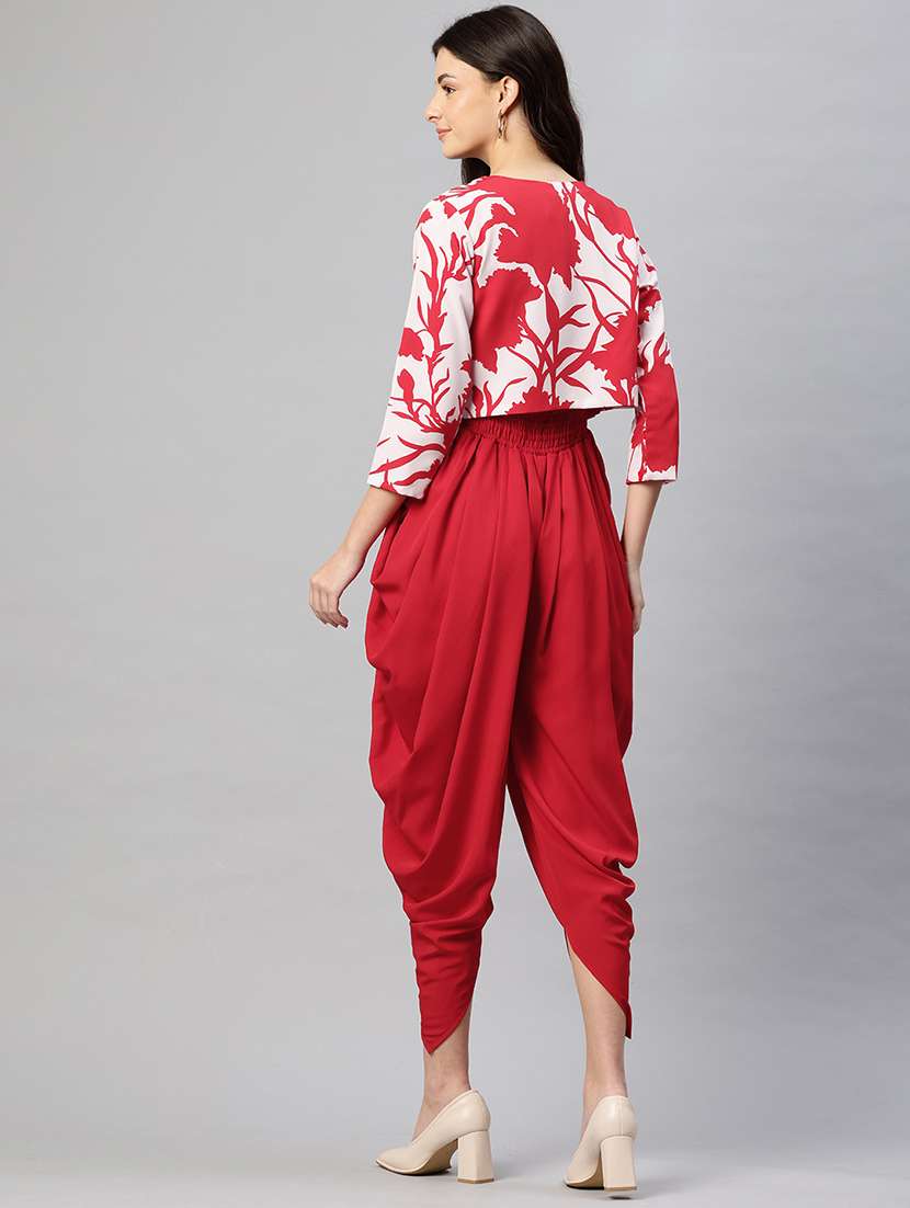 women red dhoti jumpsuit with printed jacket - 22075461 -  Standard Image - 2