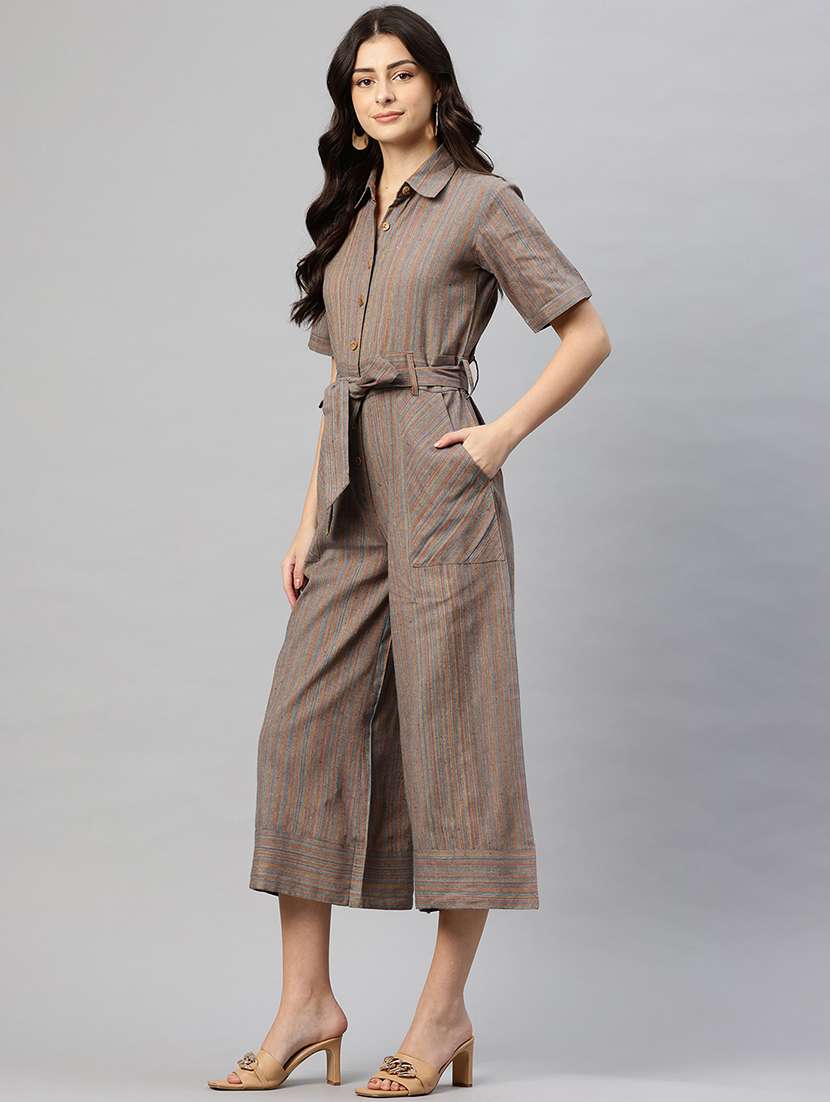 women striped collared short sleeve calf length jumpsuit - 22075467 -  Standard Image - 2