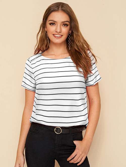 women striped short sleeve regular fit top - 22076094 - Standard Image - 0
