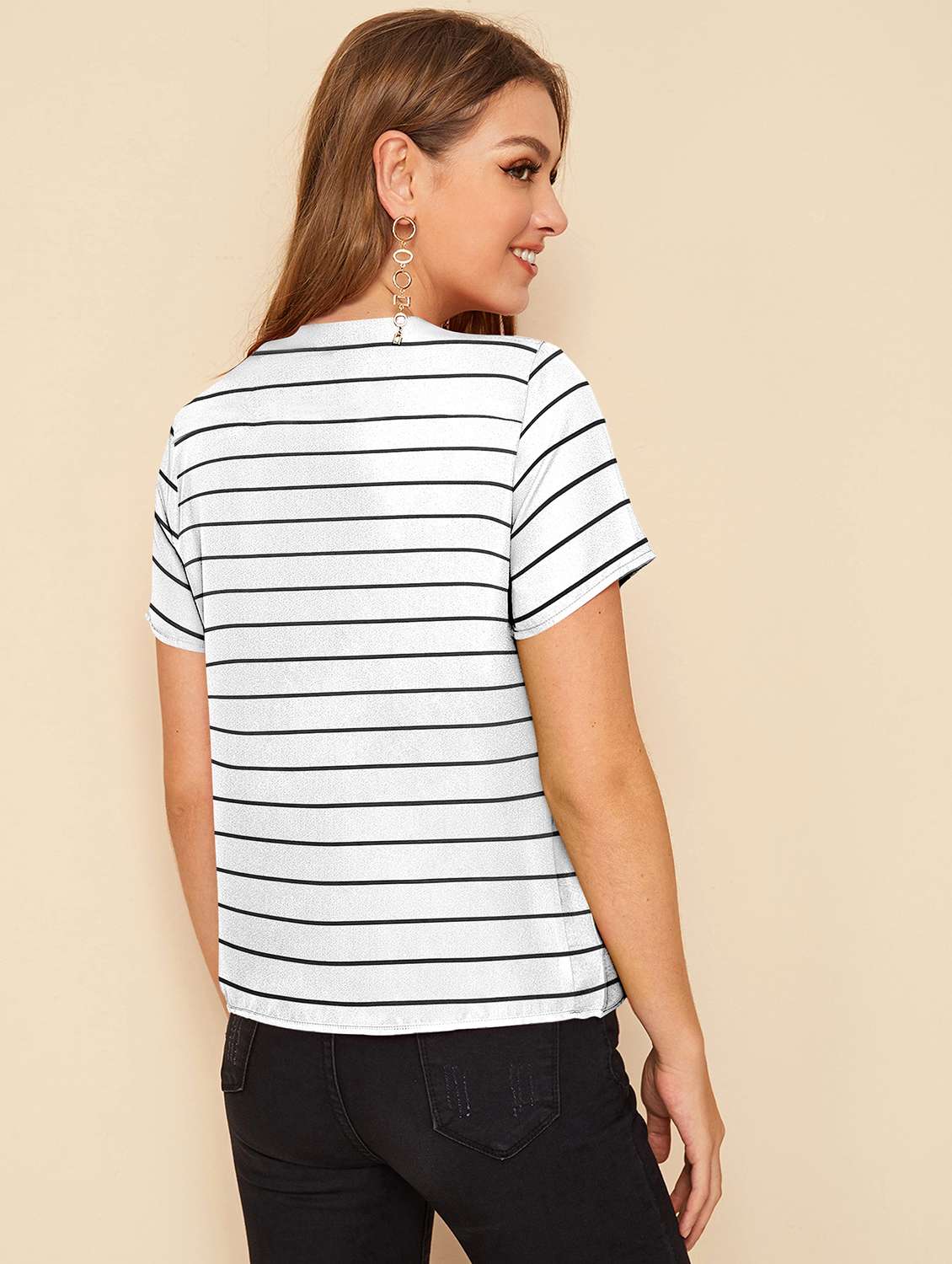 women striped short sleeve regular fit top - 22076094 - Standard Image - 2