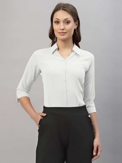 women solid three quarter sleeve collared shirt - 22076294 - Standard Image - 0
