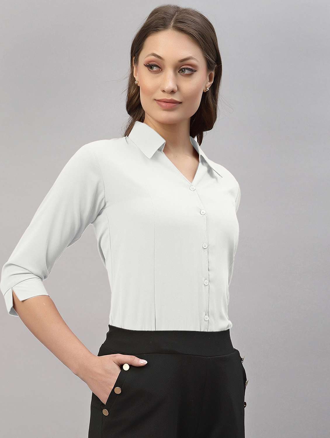 women solid three quarter sleeve collared shirt - 22076294 - Standard Image - 2