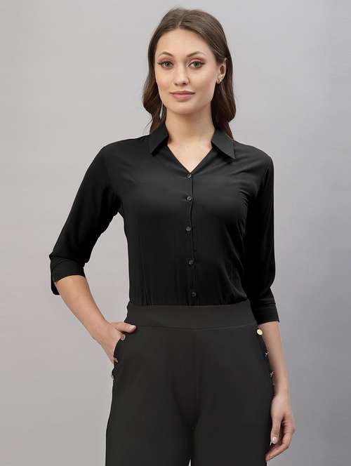 women solid three quarter sleeve collared shirt - 22076295 -  Standard Image - 0