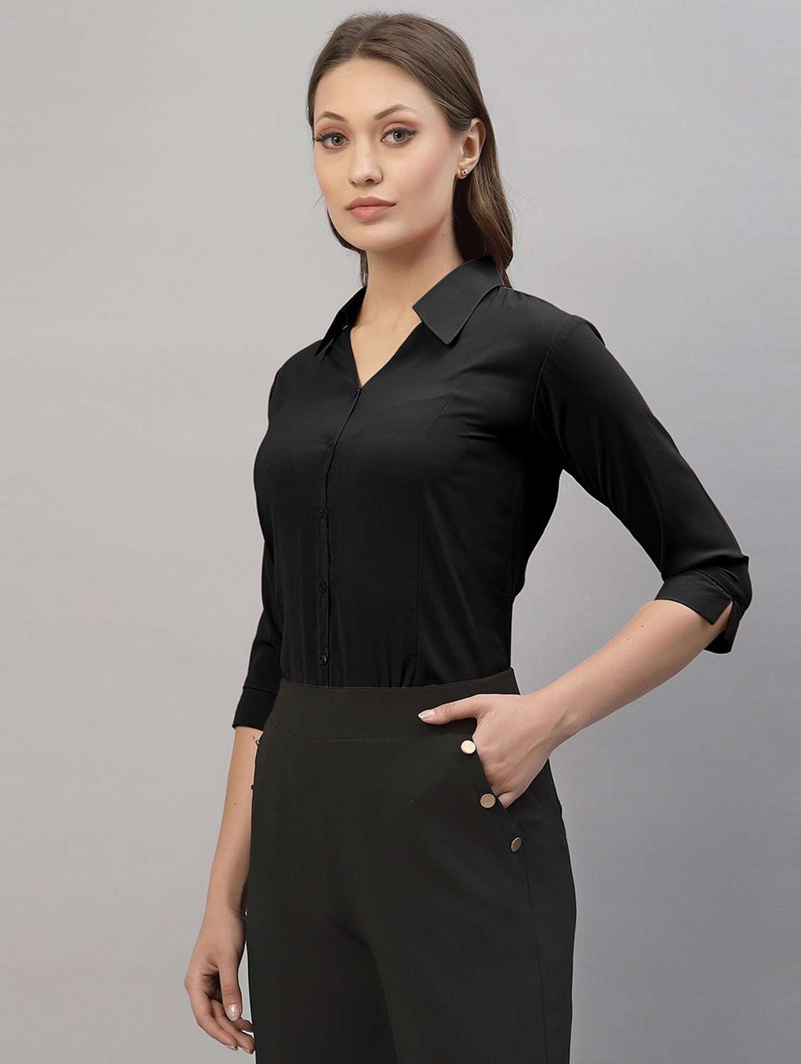 women solid three quarter sleeve collared shirt - 22076295 - Standard Image - 2
