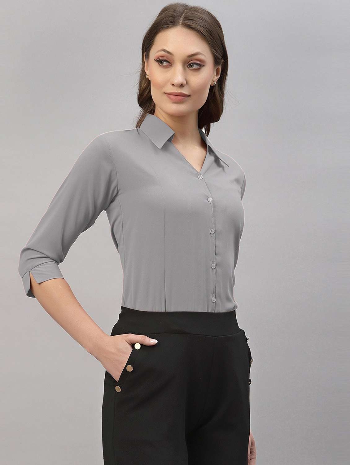 women solid three quarter sleeve collared shirt - 22076297 - Standard Image - 2