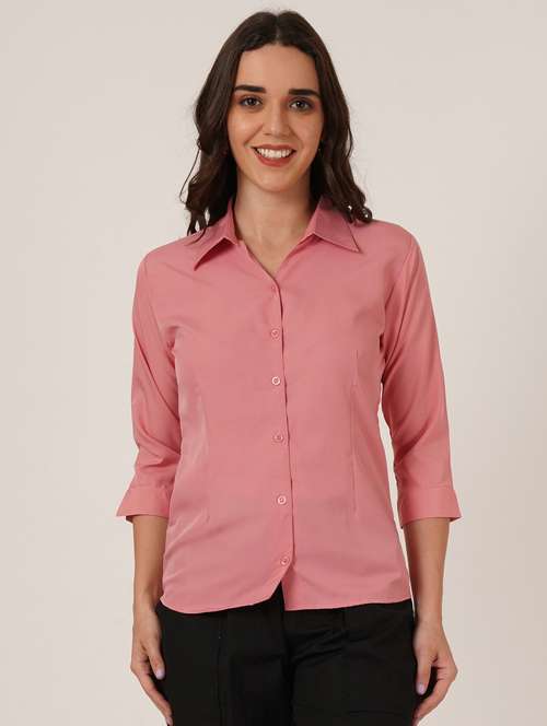 women solid three quarter sleeve collared shirt - 22076300 - Standard Image - 0