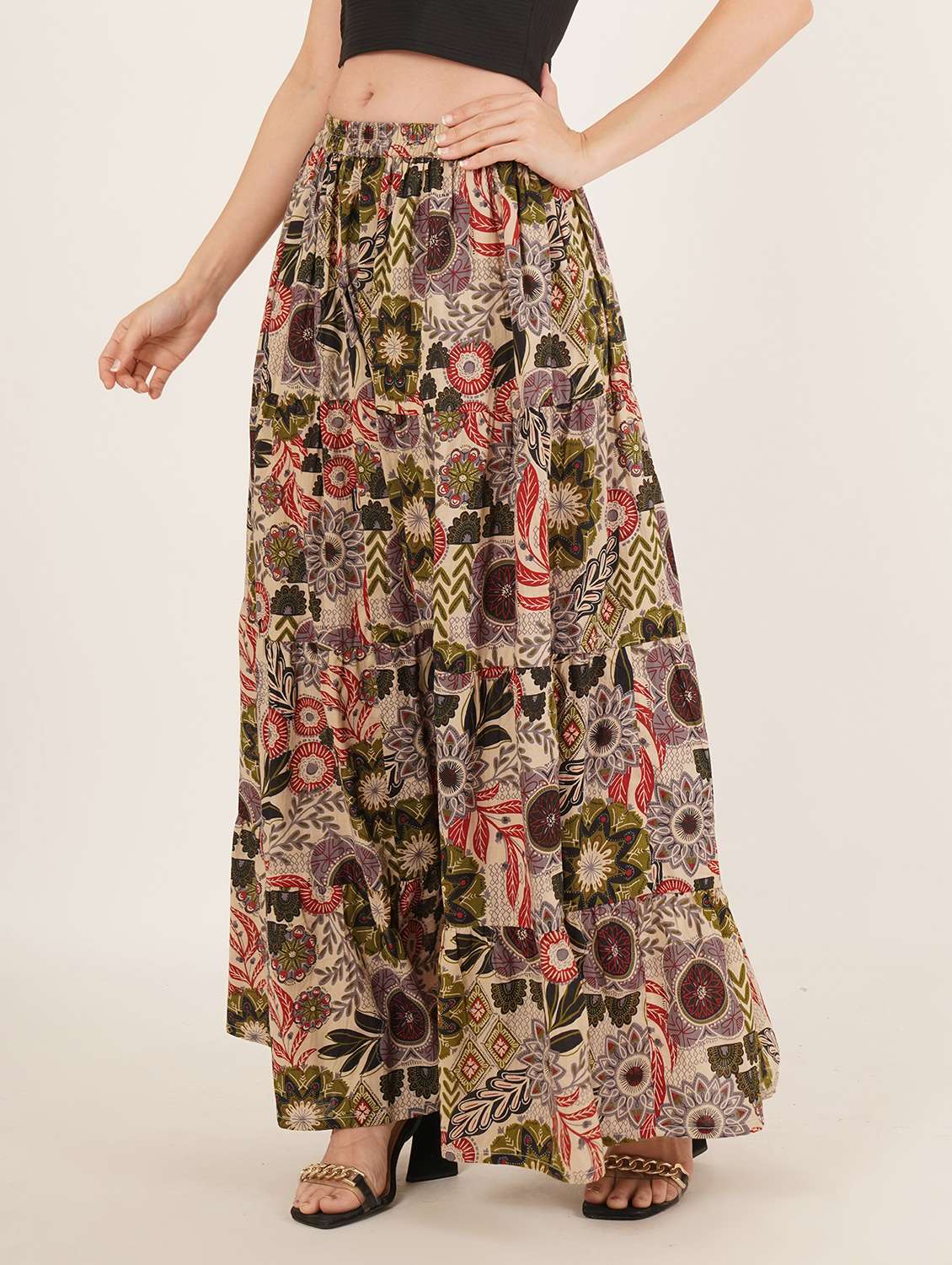 women printed high rise tiered maxi skirt - 22076354 - Standard Image - 2