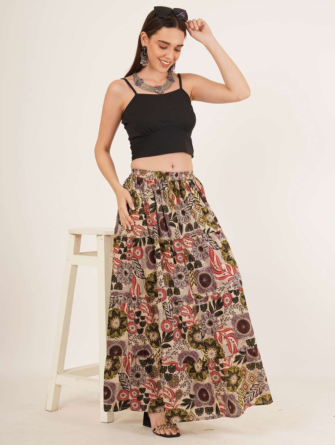 women printed high rise tiered maxi skirt - 22076354 - Standard Image - 7