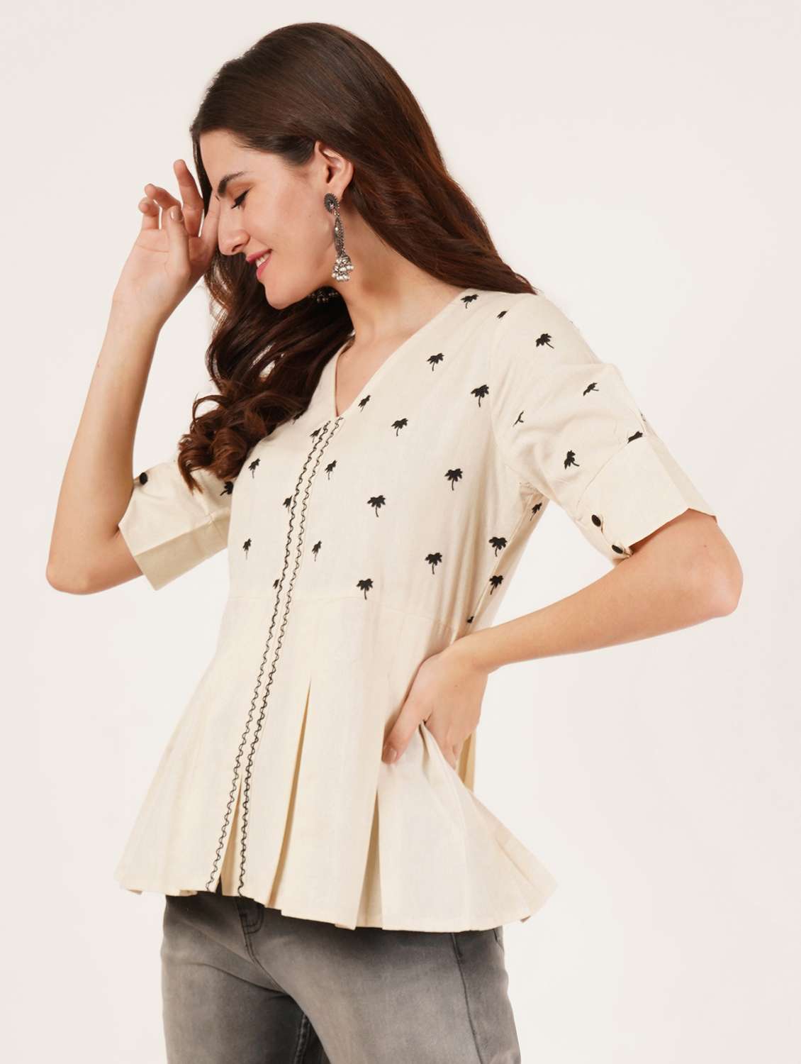 women embroidered puff sleeve a-line top - 22076356 - Standard Image - 2