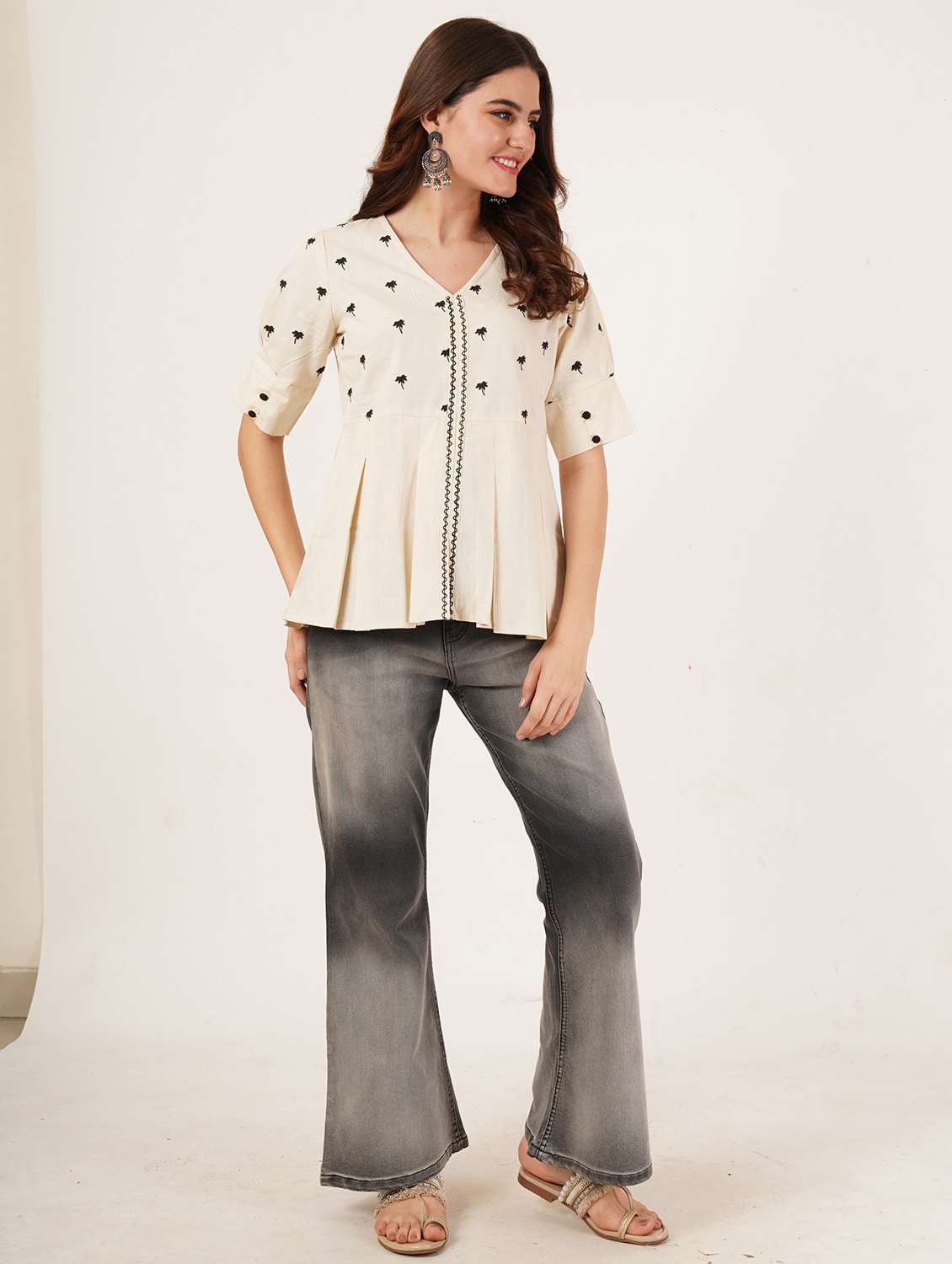 women embroidered puff sleeve a-line top - 22076356 - Standard Image - 7